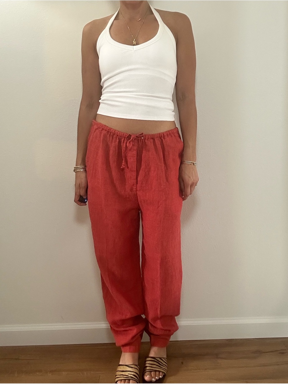 Valerie Stevens Red Linen Low Rise Straight Leg Pants Size S